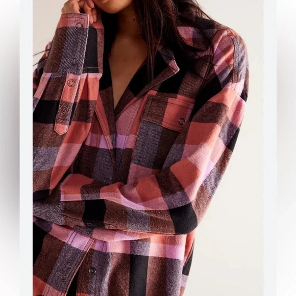 Free People Izzie Plaid Flannel Snap Front Shirt Shacket - Picture 3 of 3